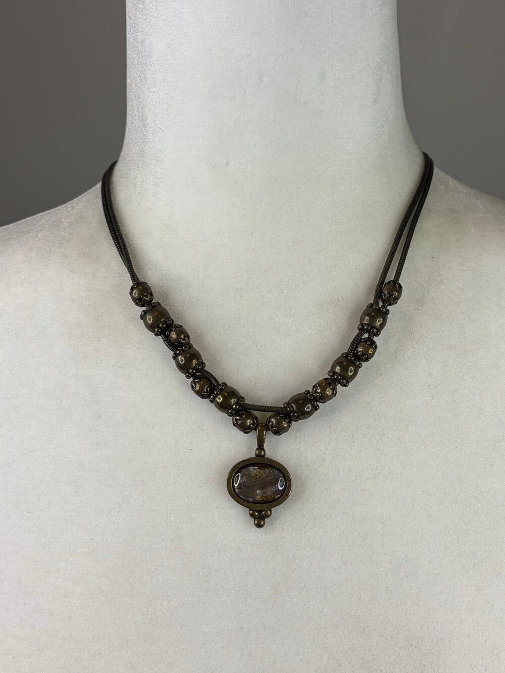 Chico's Necklace Antiqued Gold Tone 2-Strand Beaded Chain with Abalone Pendant